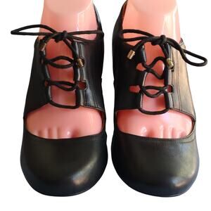 Clarks Womens 8 Loyal Heart Mary Jane Pump Black Leather Lace Up Block Heel